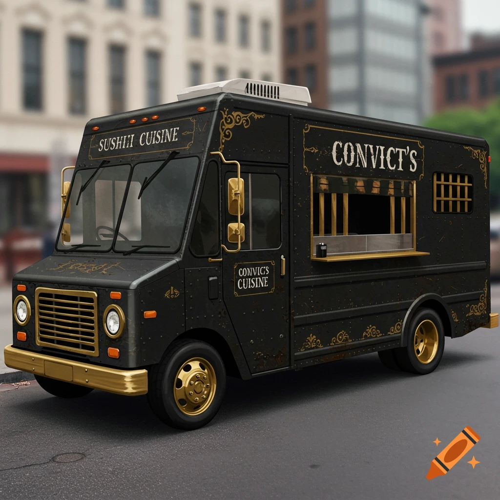 A black food truck with gold accents and text "Convict's Cuisine Sushi Truck" is parked on a city street.
