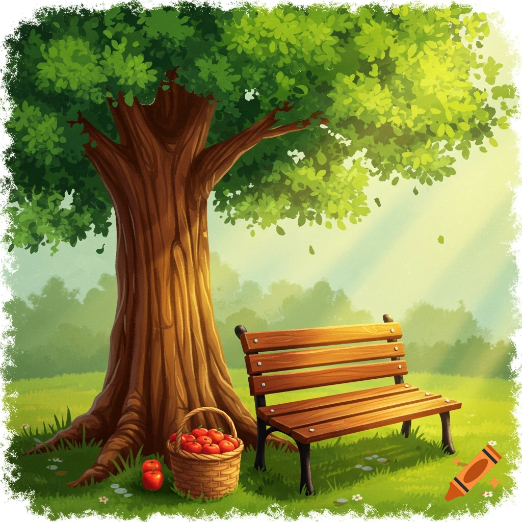 A large tree next to a park bench with a basket of apples in a sunny field.