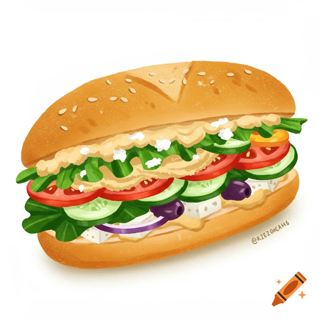 A Mediterranean veggie sandwich packed with tomatoes, cucumbers, feta cheese, olives, and greens.