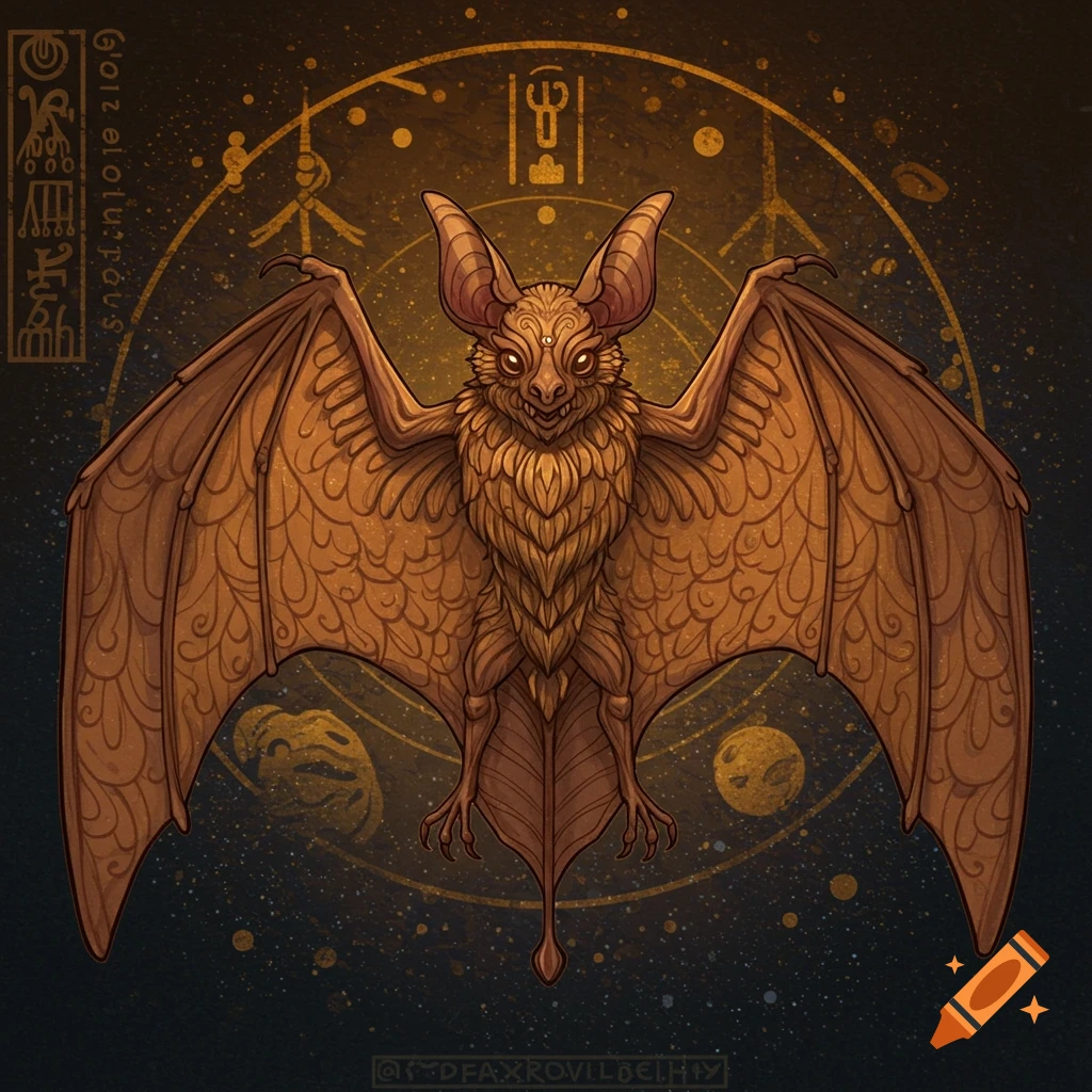 A stylized brown bat with large wings stands against a dark background with golden symbols and planets. Stylized digital art.
