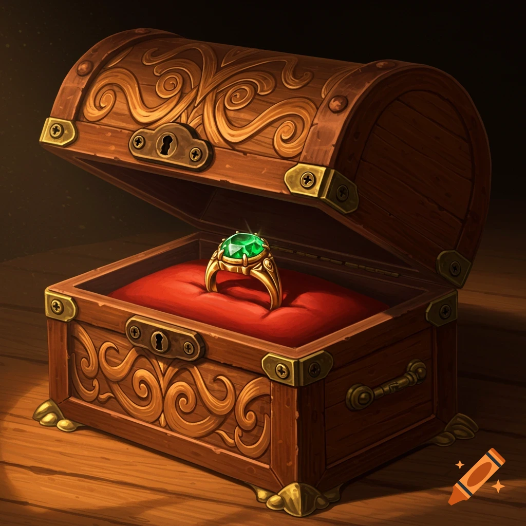 An open wooden treasure chest contains a gold ring with a green gem on red velvet.