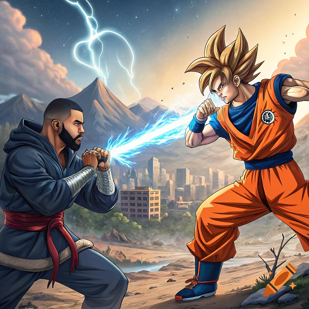 Drake and Goku face off, firing energy beams in an urban landscape.