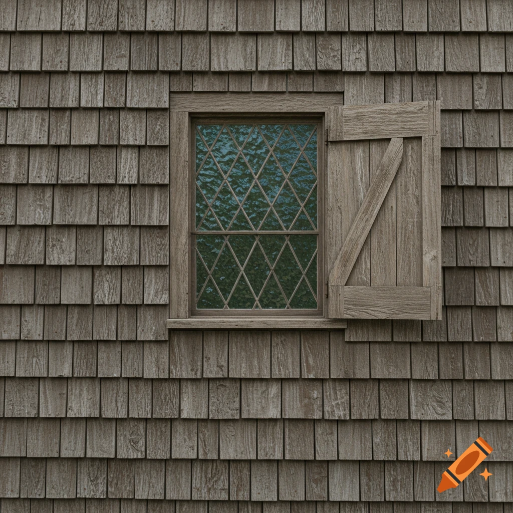 Close-up of a weathered wooden shingle wall with a diamond-paned window and partially open shutter.
