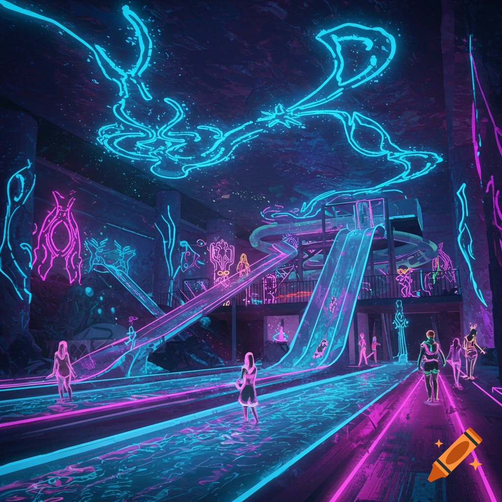 A futuristic underground water park glowing with blue and pink neon lights, featuring water slides and stylized figures.