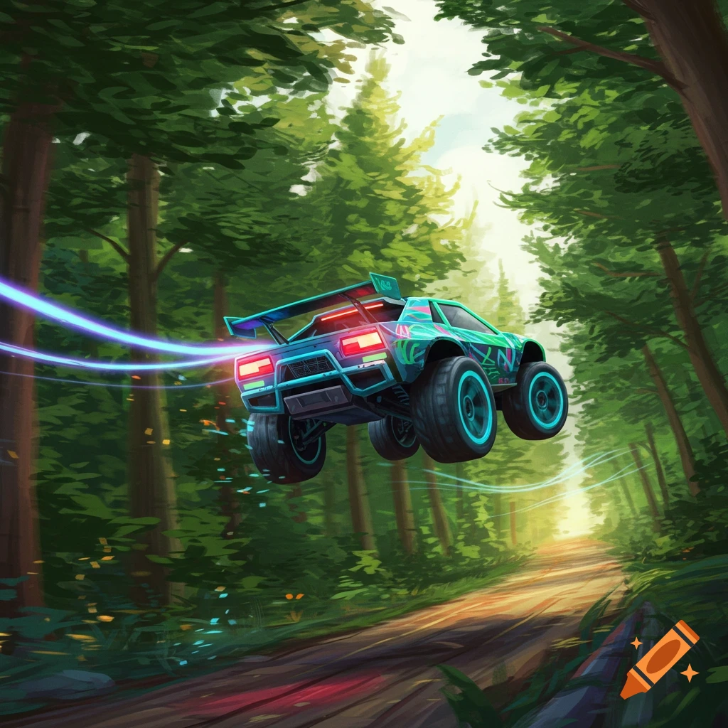 A stylized car jumps over a forest road with a light trail.