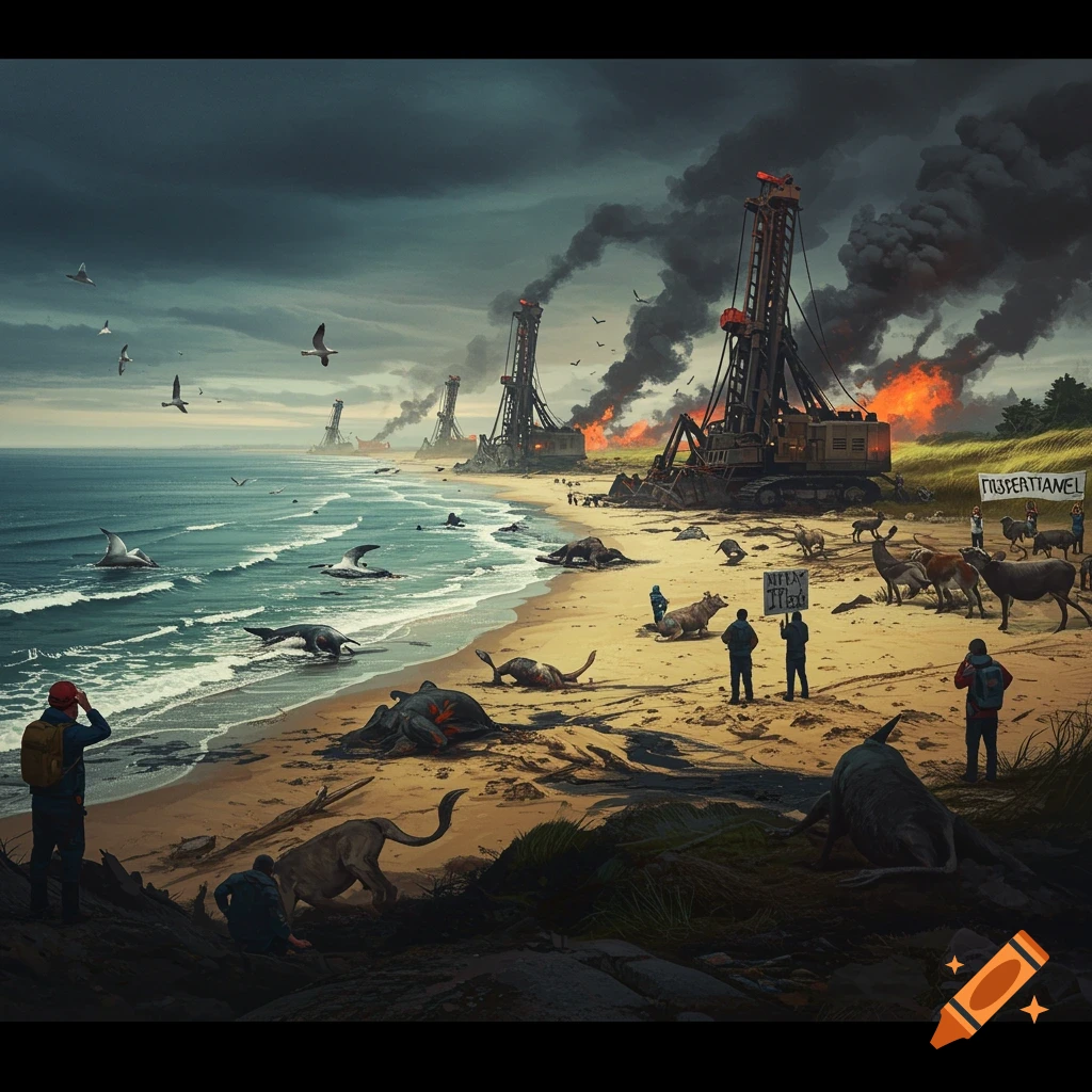 Drilling operations on a beach with smoke, dead animals, and protesters.