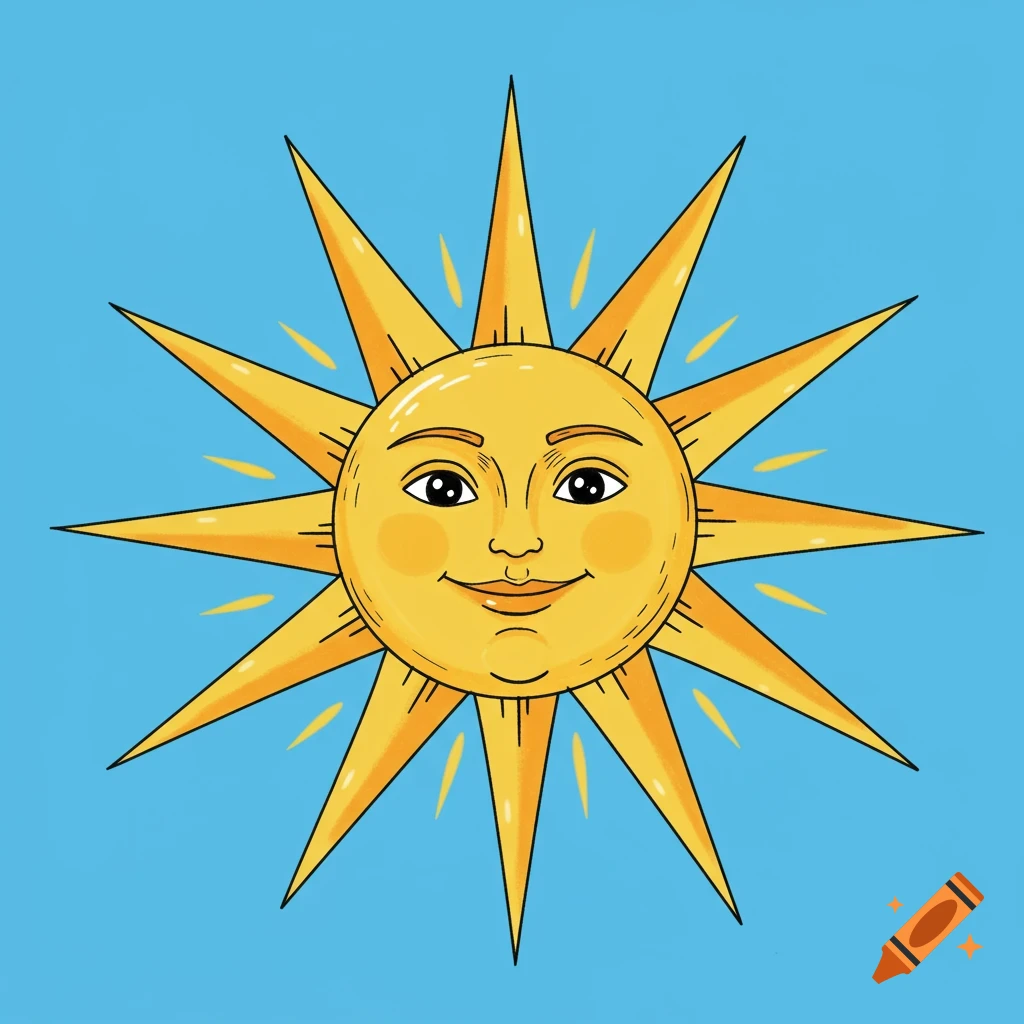 A cartoon drawing of a smiling sun with rays against a blue background.