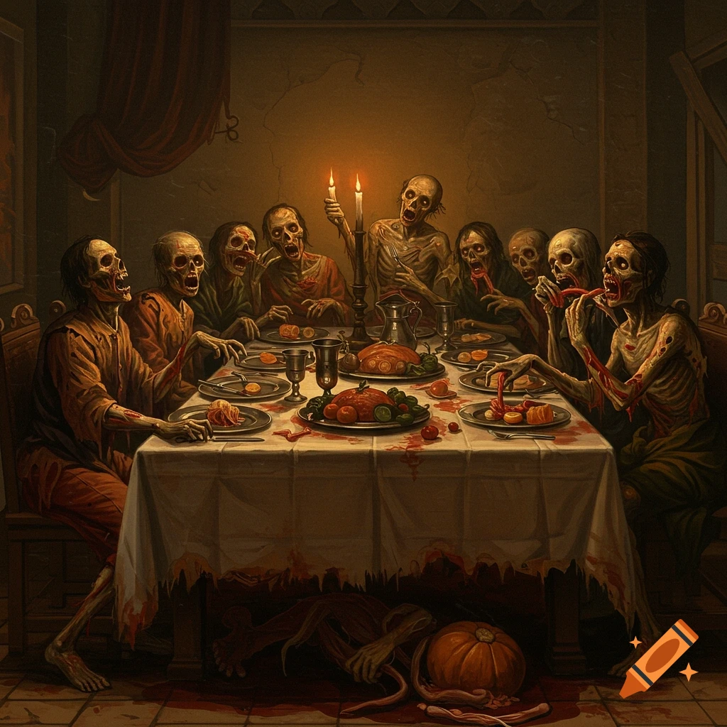 A Renaissance-style painting shows zombies eating dinner at a table.