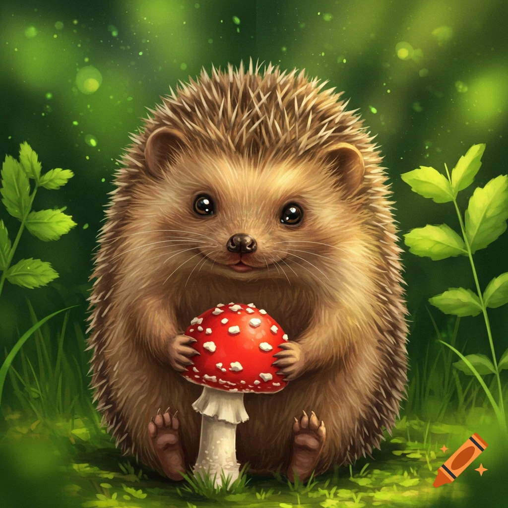 A cute hedgehog holding a red mushroom in a forest.