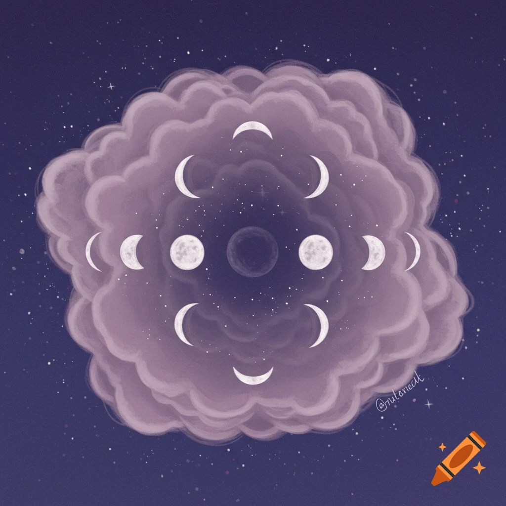 Moon phases within a stylized cloud in a starry night sky.