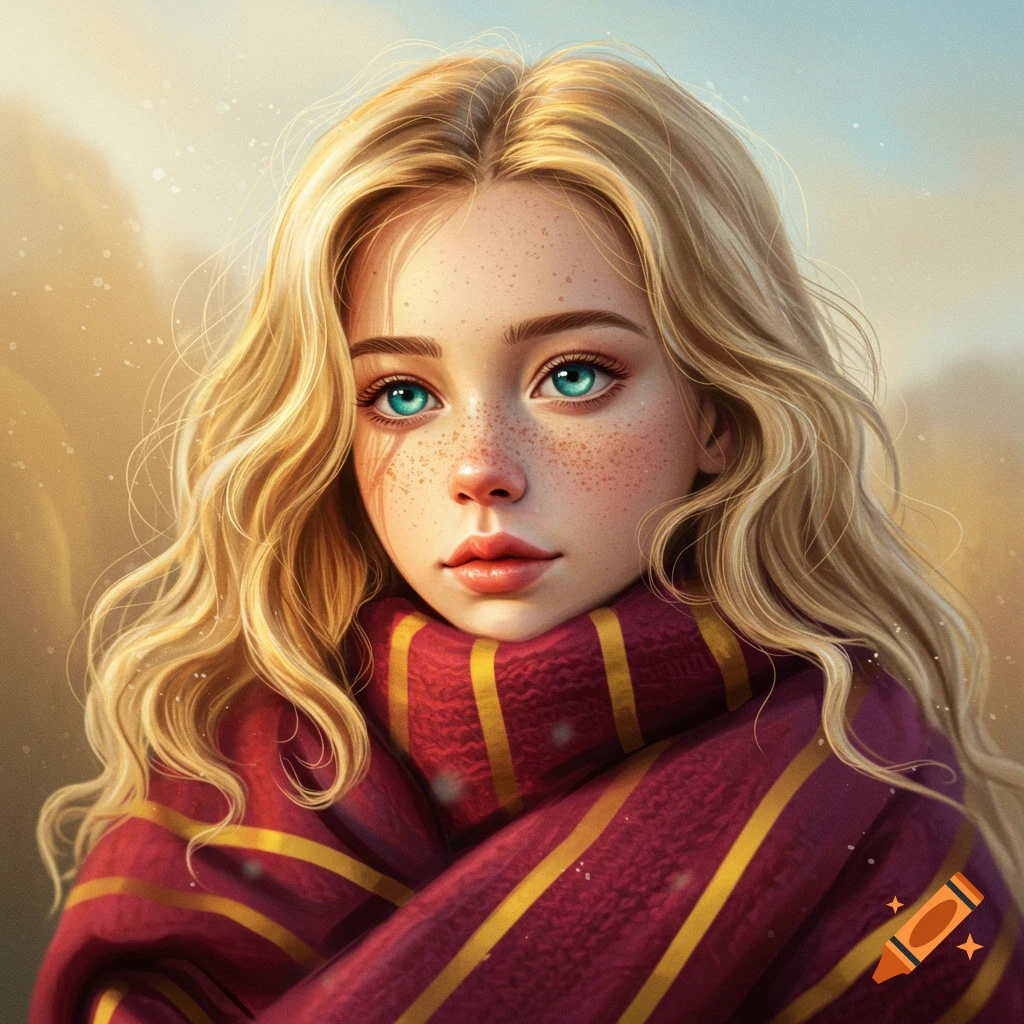 A girl with blonde hair, freckles, blue eyes, and a striped scarf.