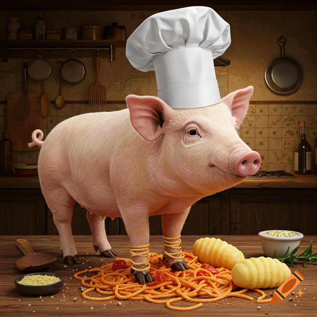 A pig chef stands on a bed of spaghetti in a kitchen.