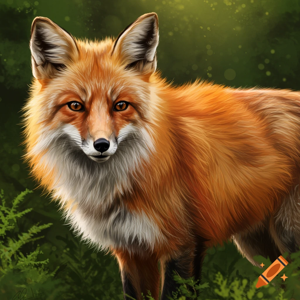 A red fox looks forward in a forest.