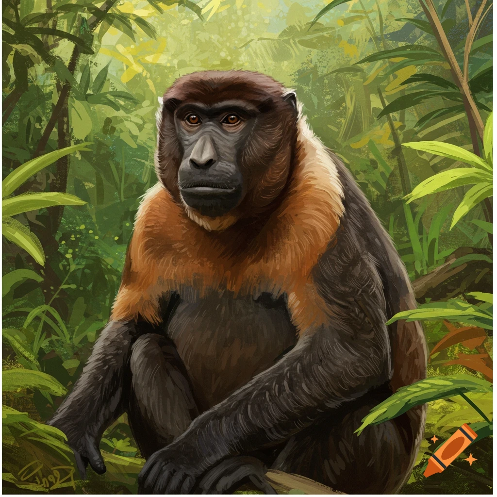A monkey sitting in a dense jungle.