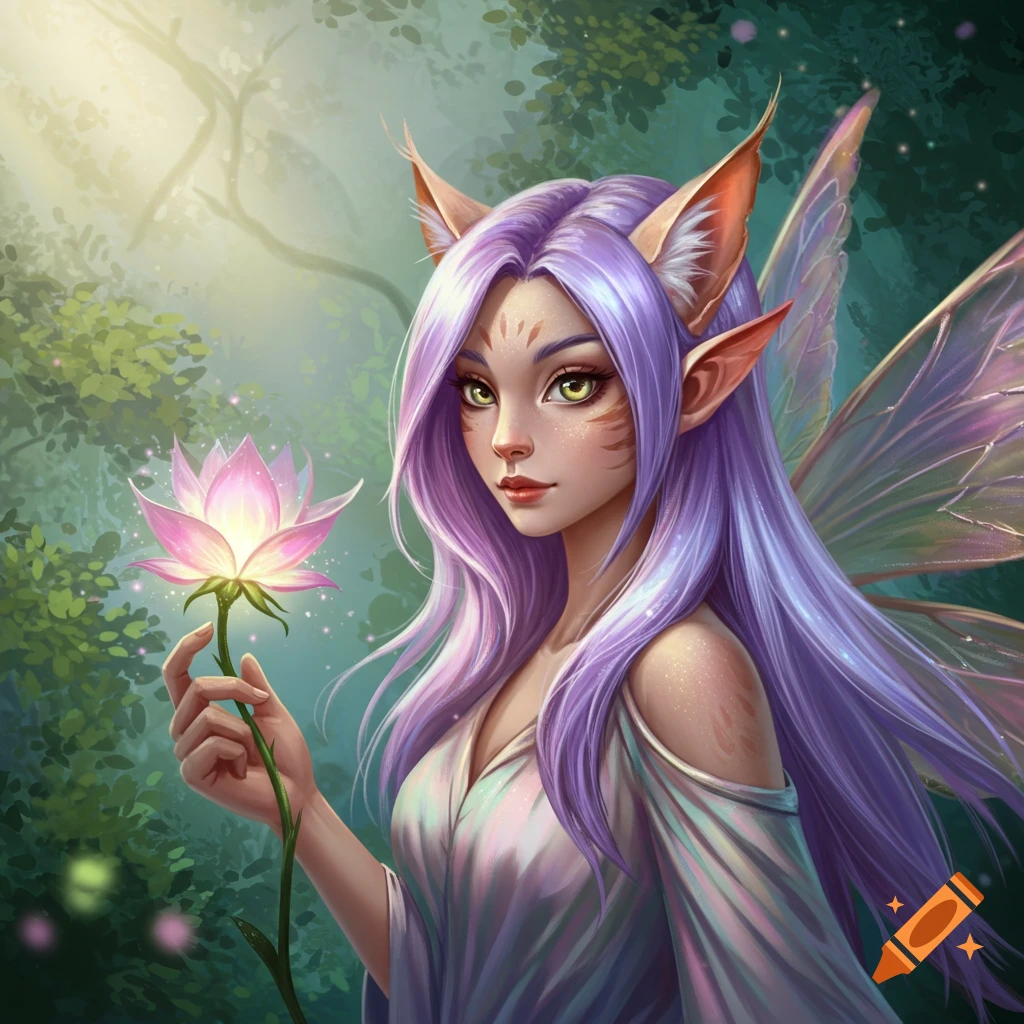 A fairy with lavender hair, cat-like eyes, and translucent wings holding a glowing pink flower in a forest.