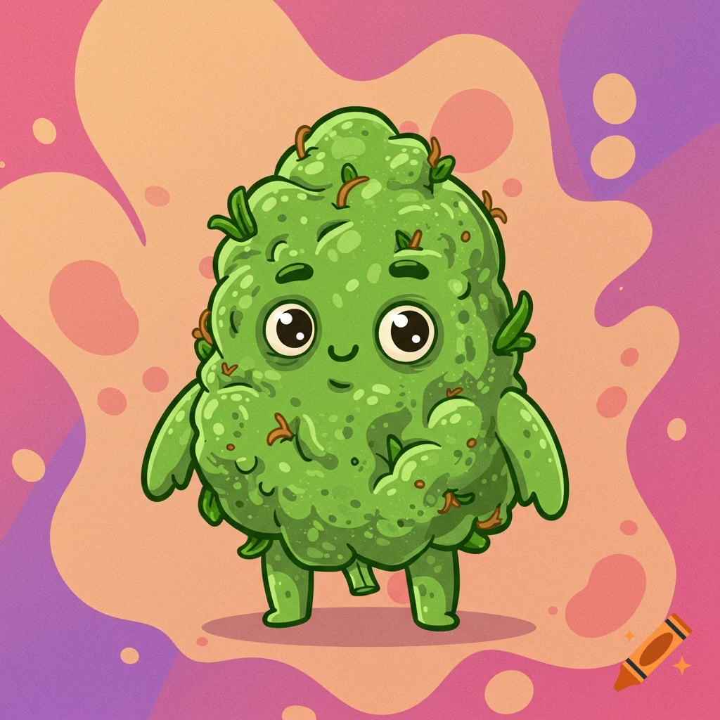 A cute, cartoon green character resembling a marijuana bud with arms and legs, smiling.