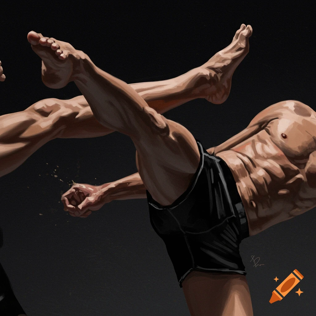 A kick is depicted during a combat sport match.
