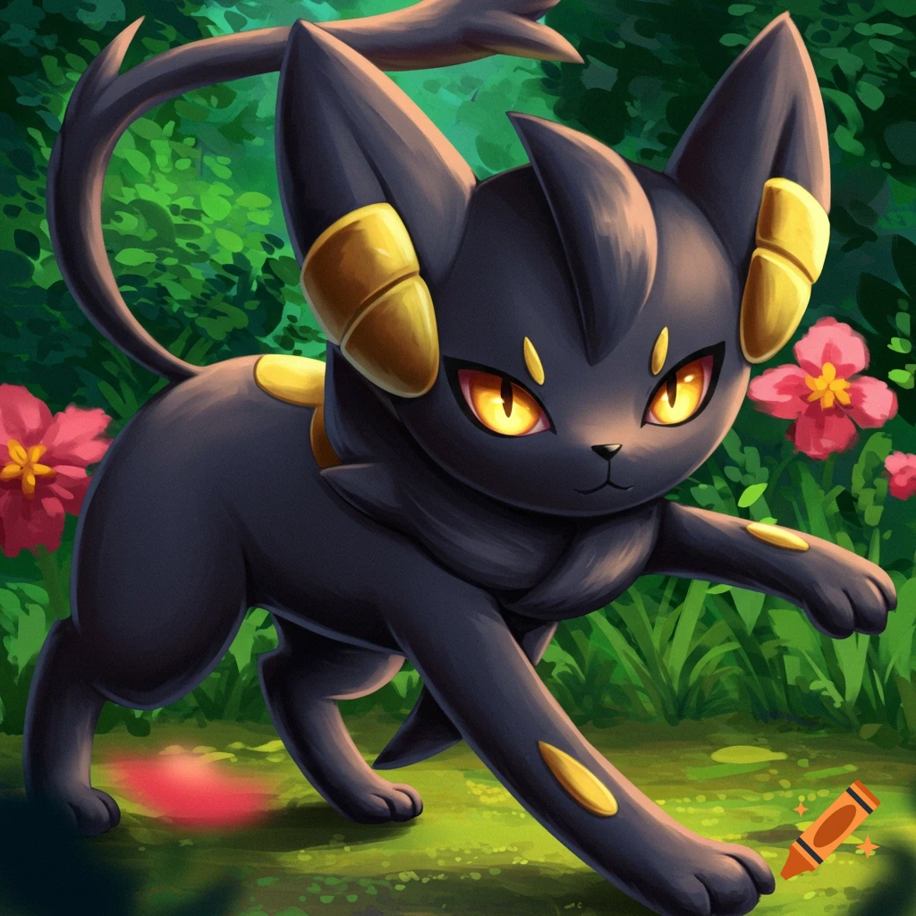 A black and gold creature resembling Umbreon in a jungle.