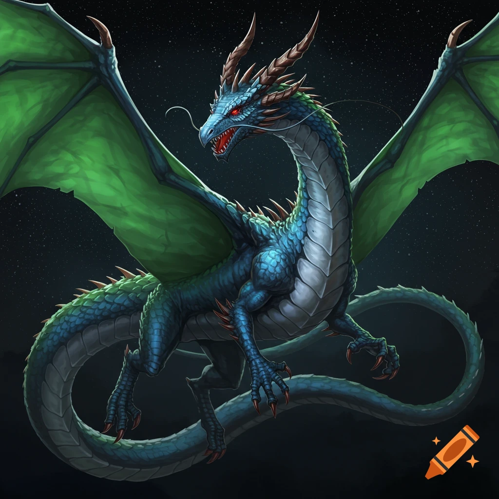 A blue and green dragon with red eyes and horns flies against a starry night sky.