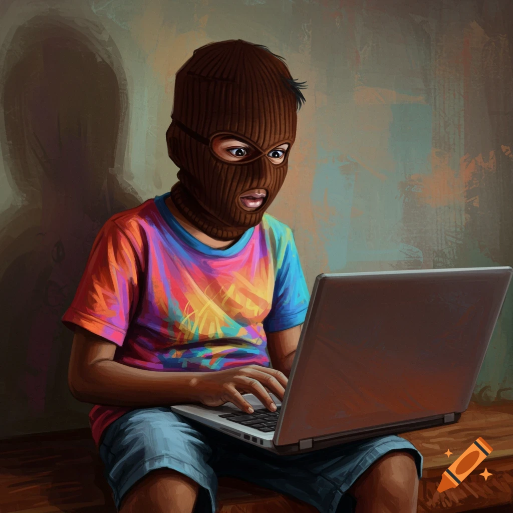 A child in a ski mask using a laptop