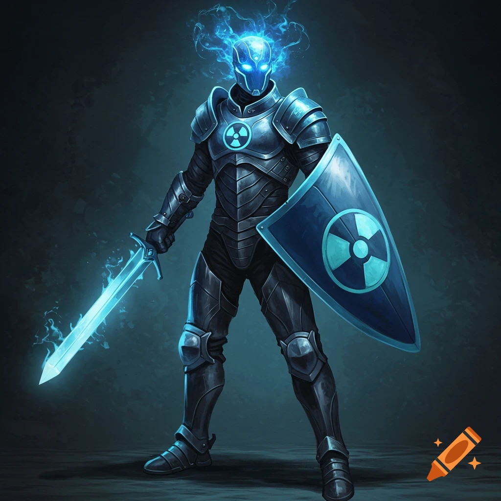 A knight in blue glowing armor holds a sword and a shield with a radioactive symbol.