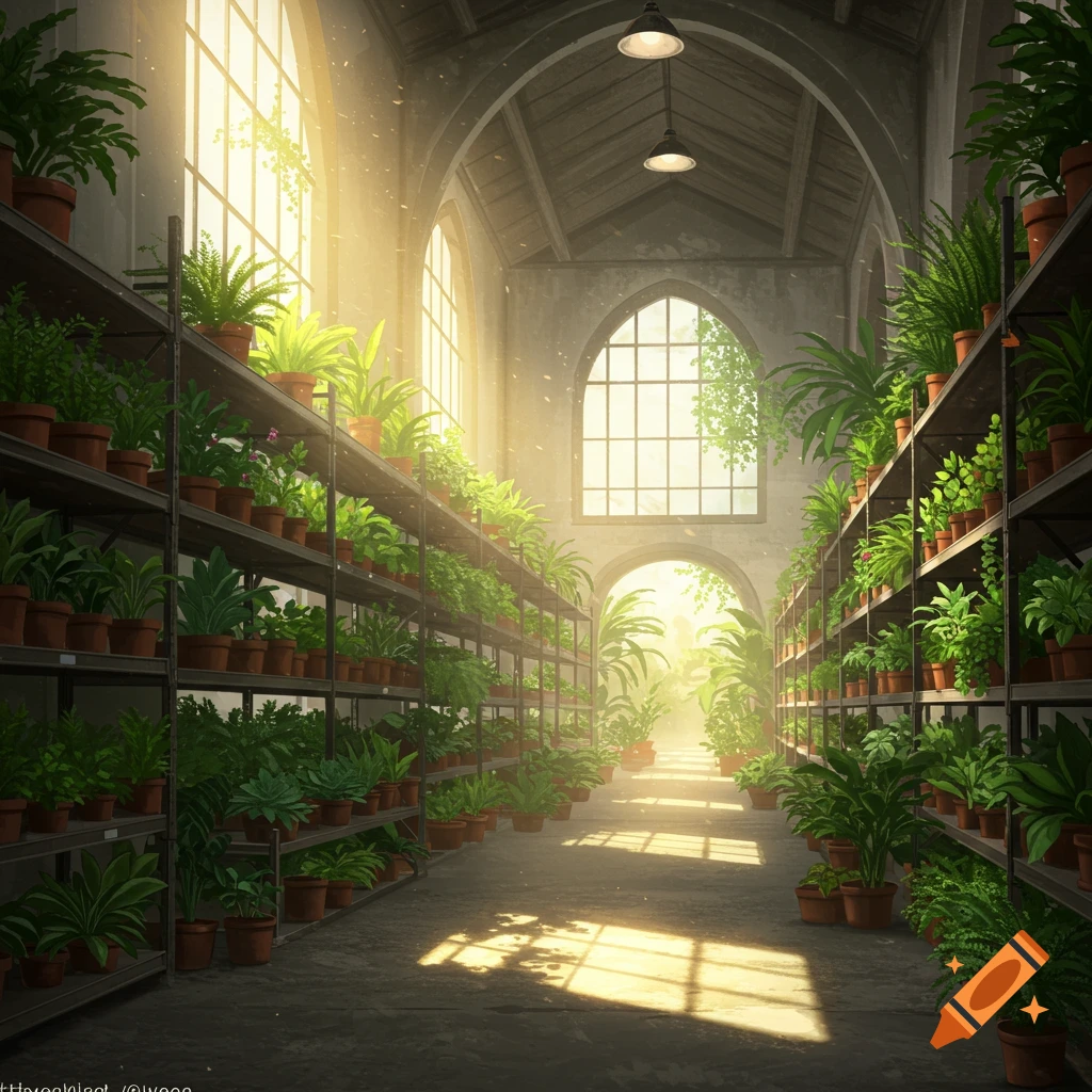 Interior of a greenhouse filled with rows of potted plants on shelves, illuminated by sunlight through arched windows.