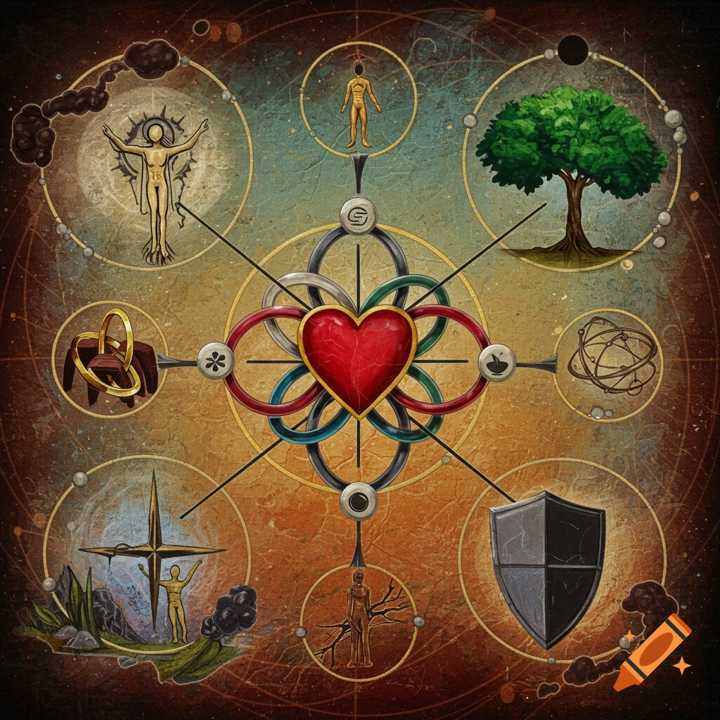 Symbolic diagram with a central heart and rings connected to various life elements like figures, a tree, and a shield.