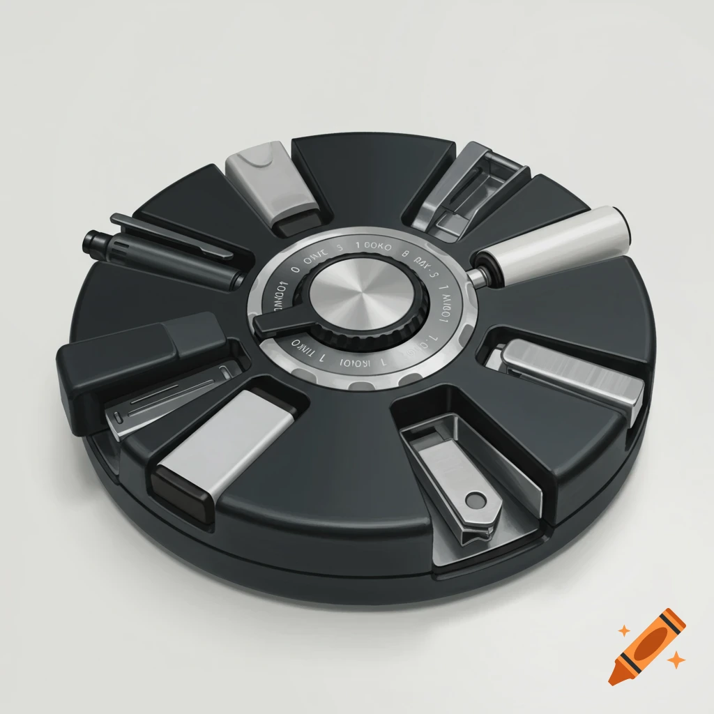 A circular, modern black and silver office tool with multiple compartments and a central dial, in a product design style.