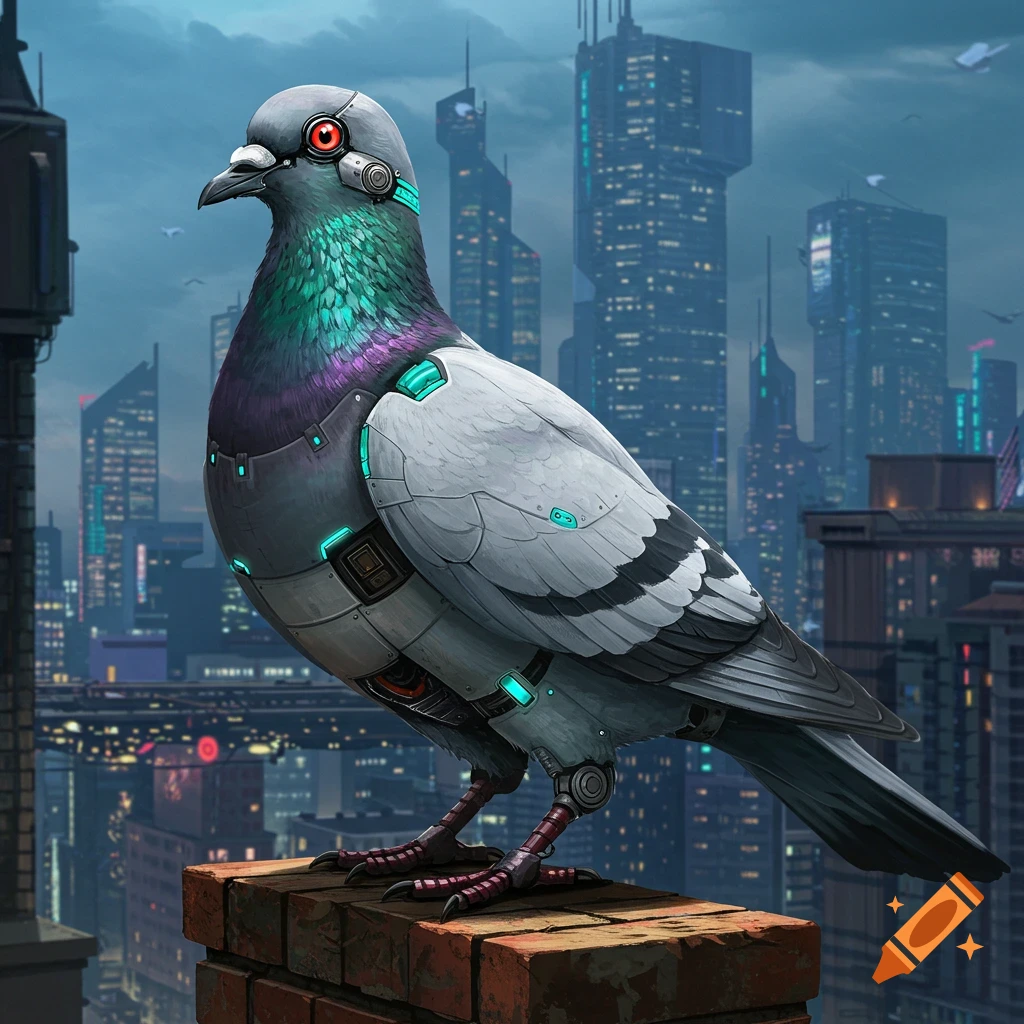 A robotic pigeon perched on a brick wall overlooking a futuristic cityscape.