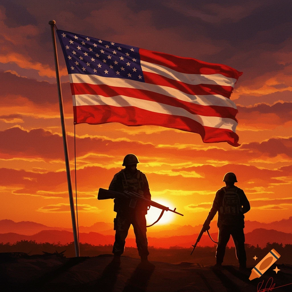 Two soldiers stand silhouetted against a dramatic sunset sky, beneath a large American flag waving on a pole.