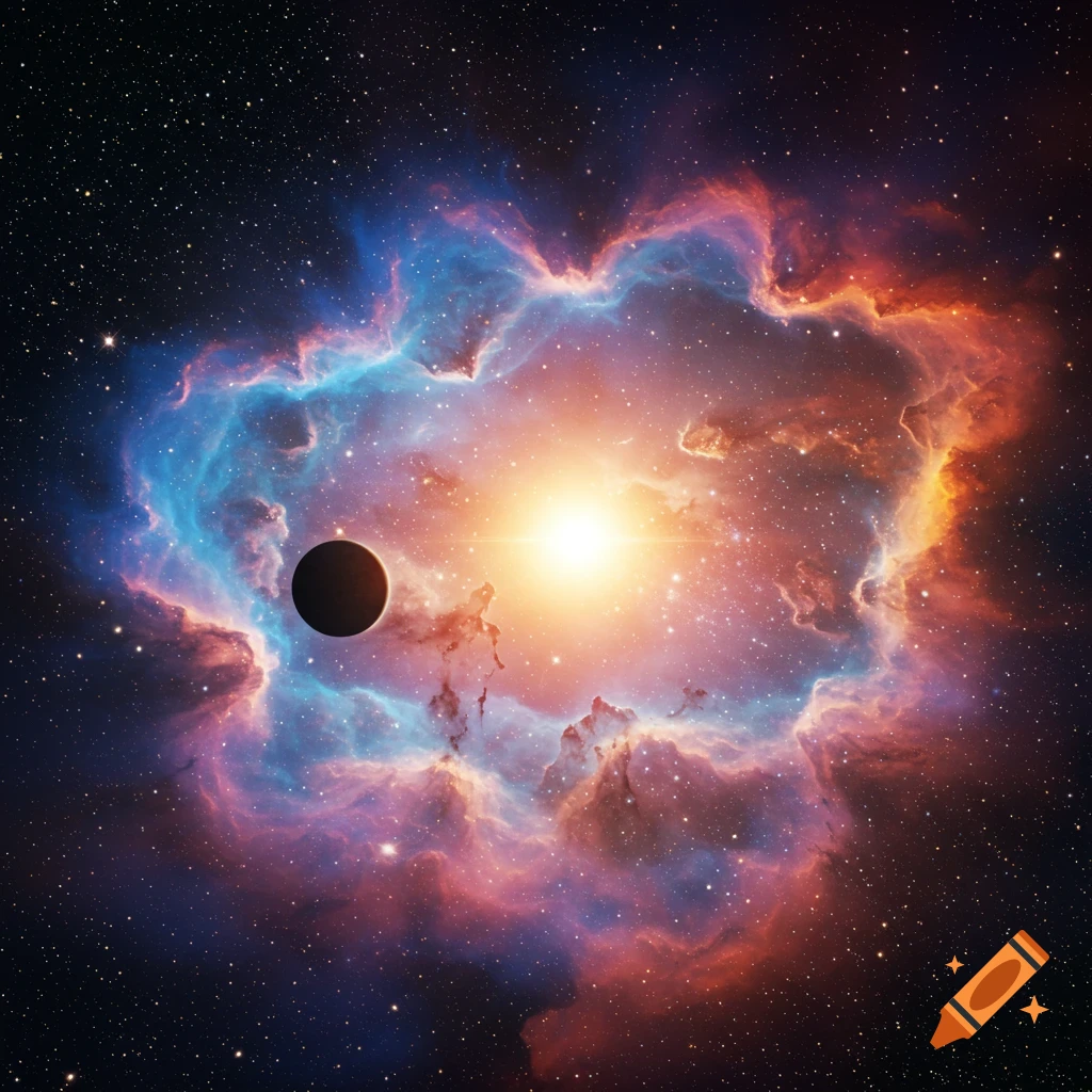 A vibrant blue and orange nebula surrounds a bright star with a dark planet.