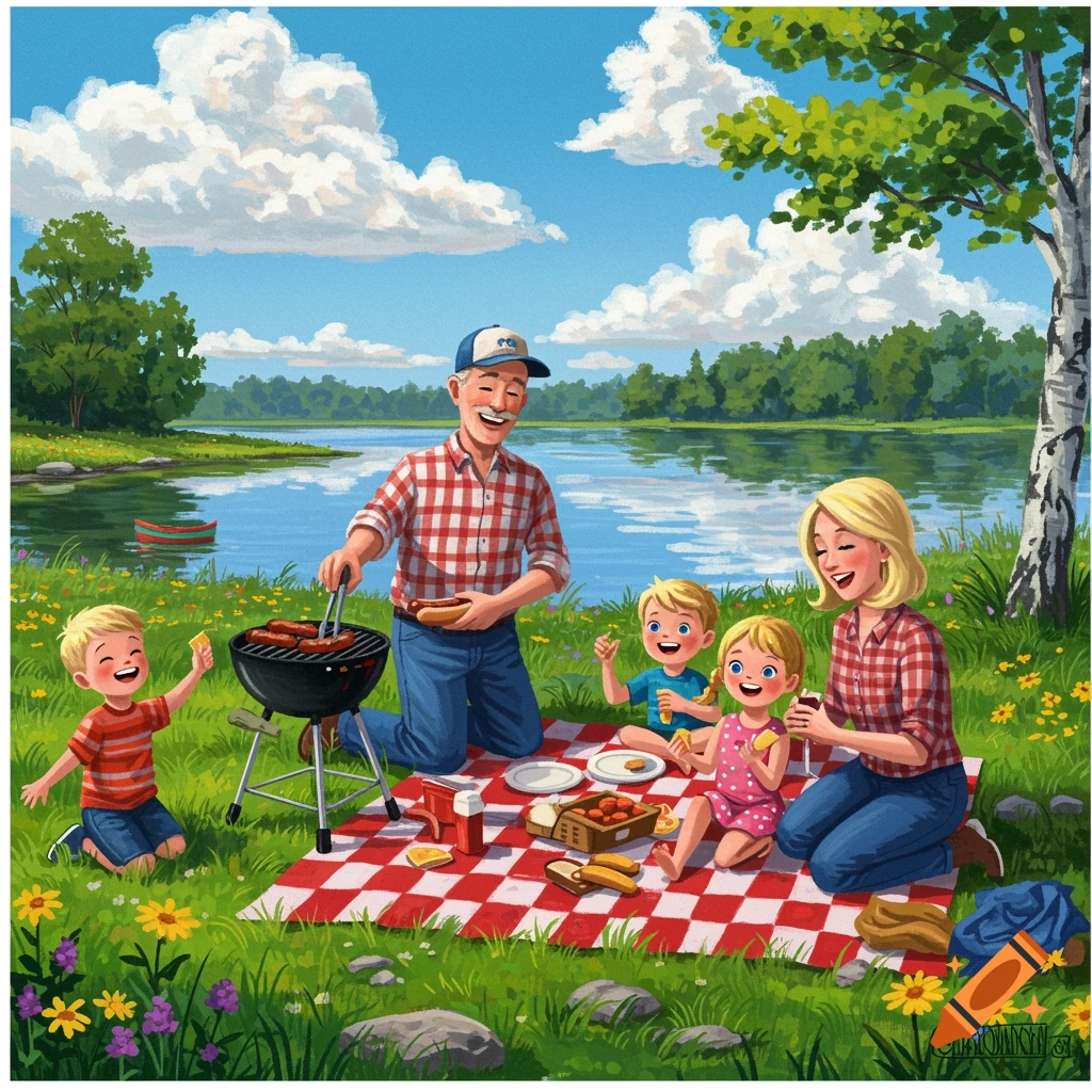 A family is having a summer picnic by a lake.