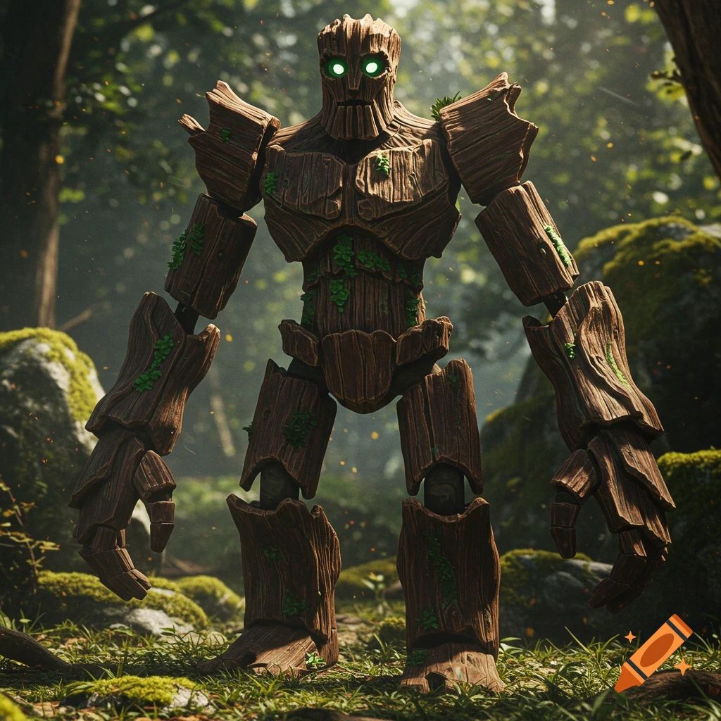 Photorealistic image of a large wooden golem standing in a forest clearing with glowing eyes.