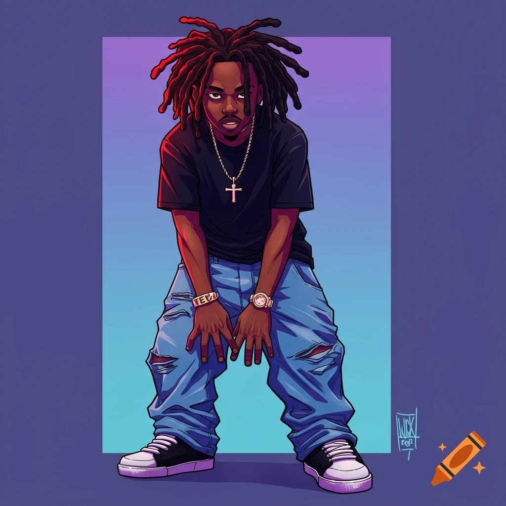 Digital illustration of a young person with dreadlocks, wearing ripped jeans, a black t-shirt, and accessories, in a relaxed pose.