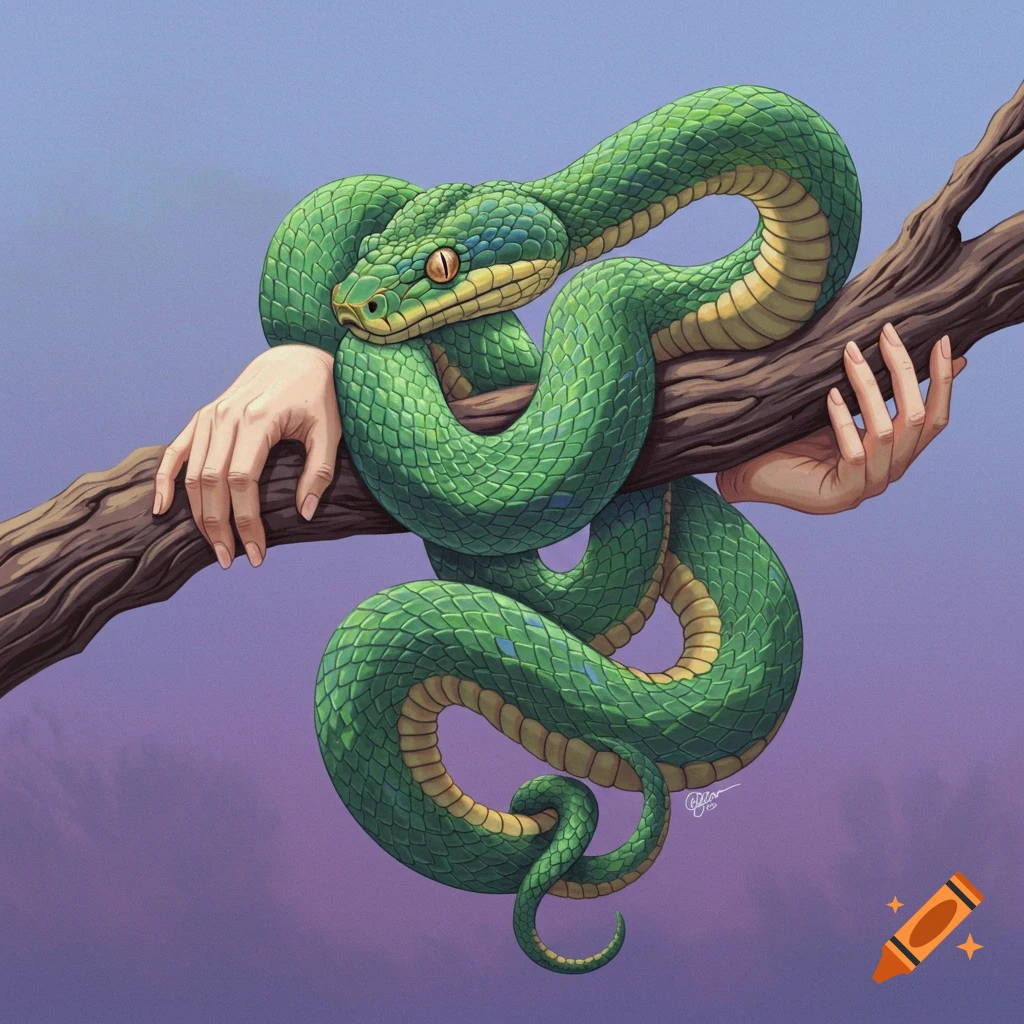 A green snake is wrapped around a branch held by human hands