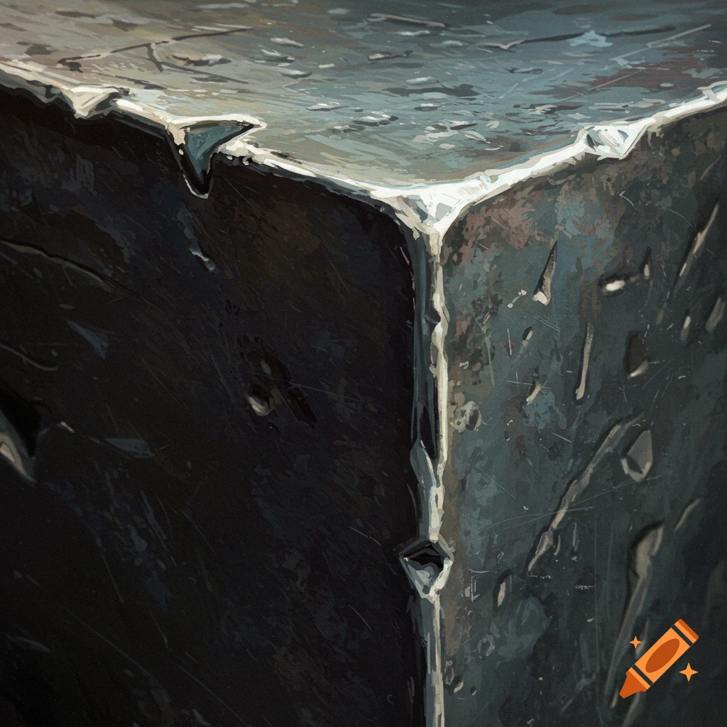 Close-up of a heavily textured, dark metal cube.