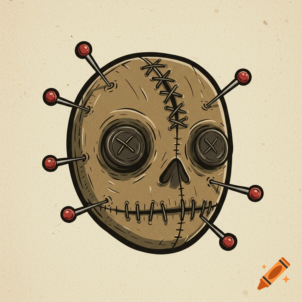 A stylized illustration of a voodoo doll head with button eyes, stitching, and pins.