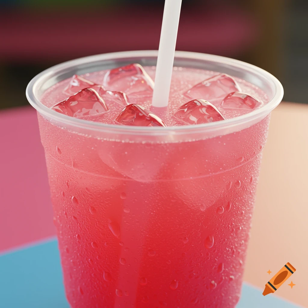 Photorealistic close-up of a plastic cup of pink liquid with ice and a straw.