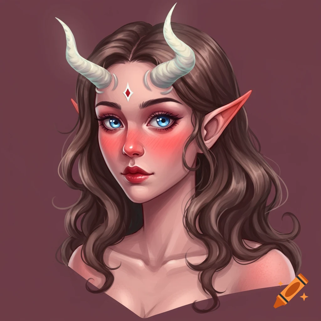 Semi-realistic anime portrait of a woman with horns, elf ears, rosy cheeks, and blue eyes.