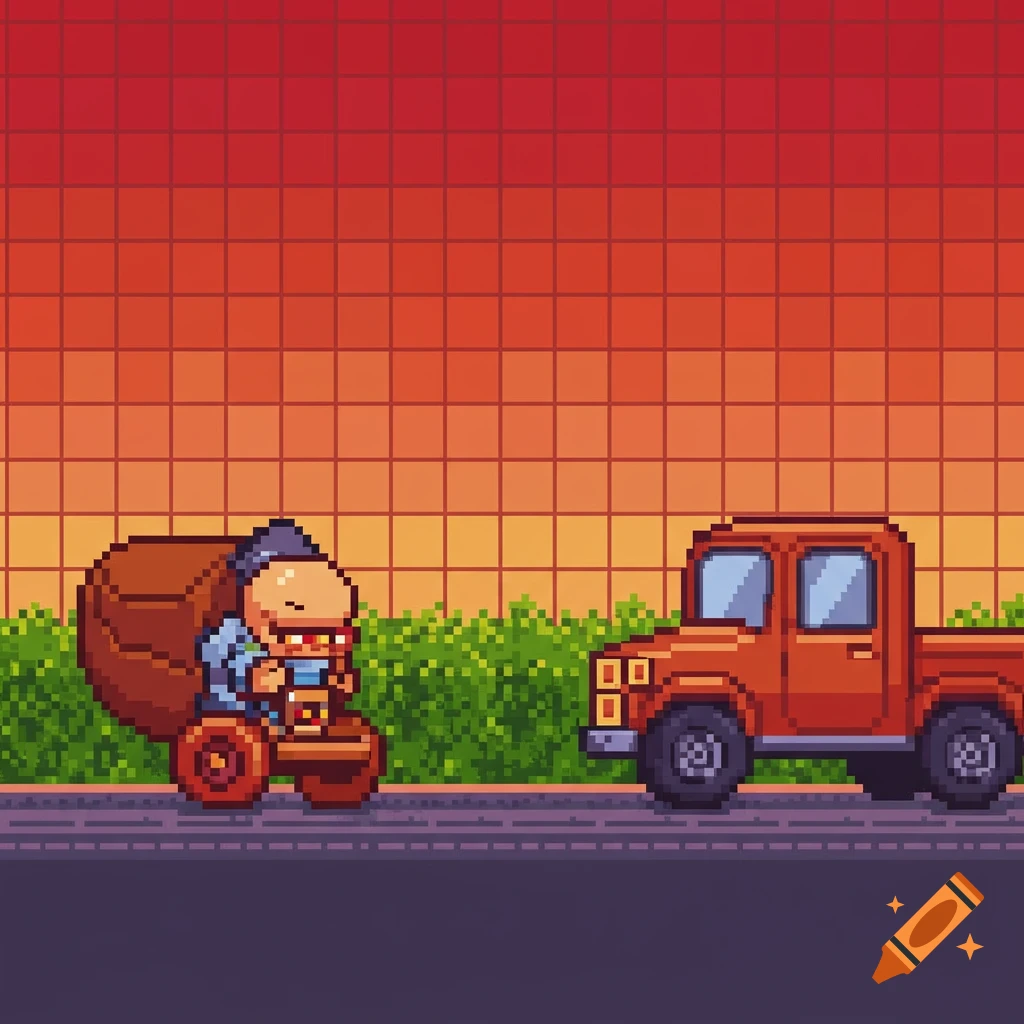 Pixel art scene with a character on a wheeled vehicle meeting an orange pickup truck on a road.