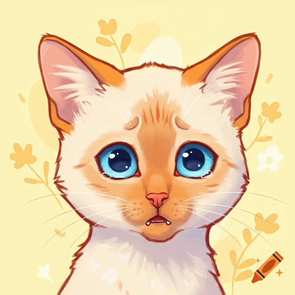 Cartoon illustration of a flame point cat with light blue eyes and a worried expression.