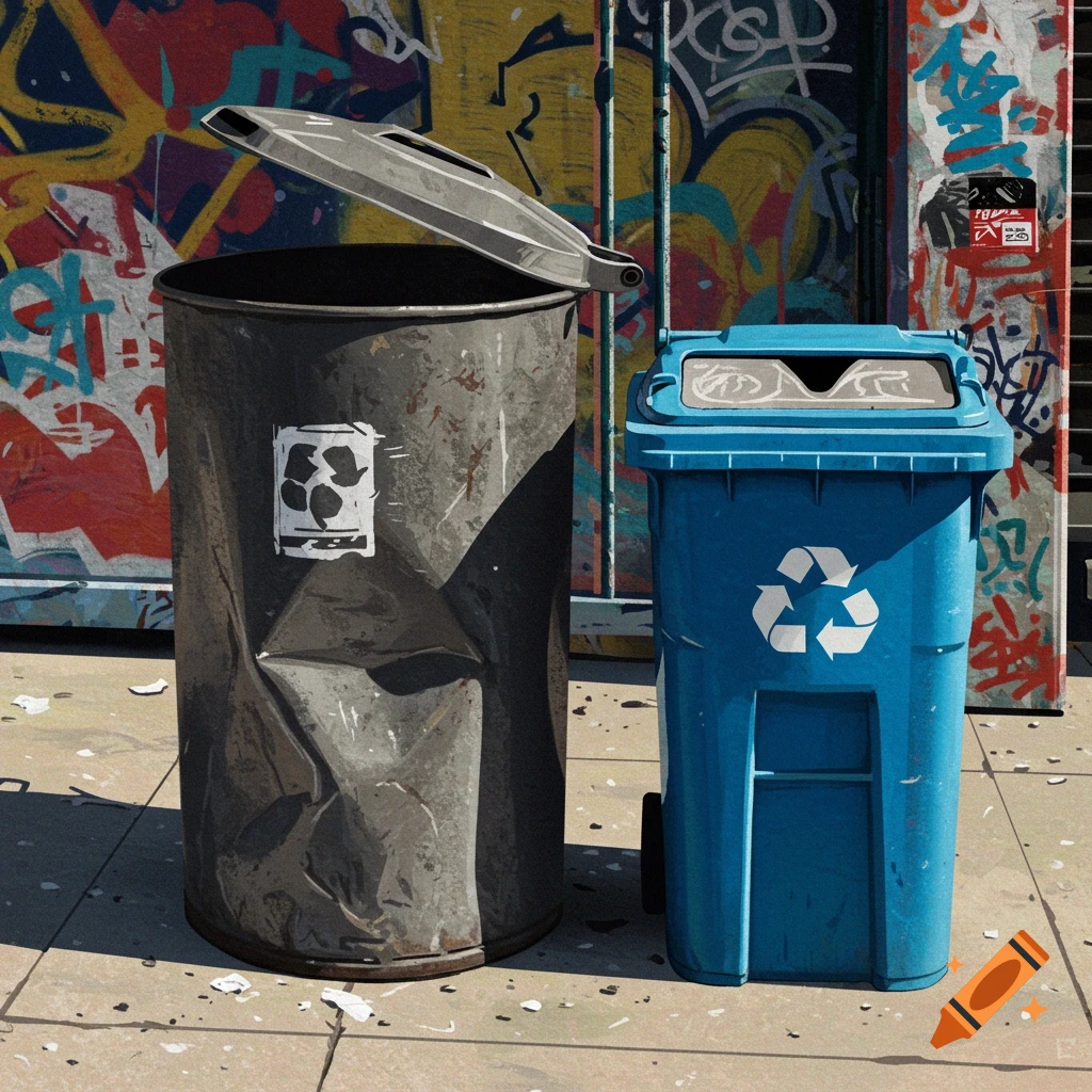A dented black trash can and a blue recycling bin in front of a graffiti-covered wall.