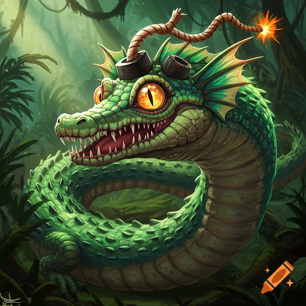 Cartoon green crocodile-like creature with bomb fuse and goggles on its head in a jungle.