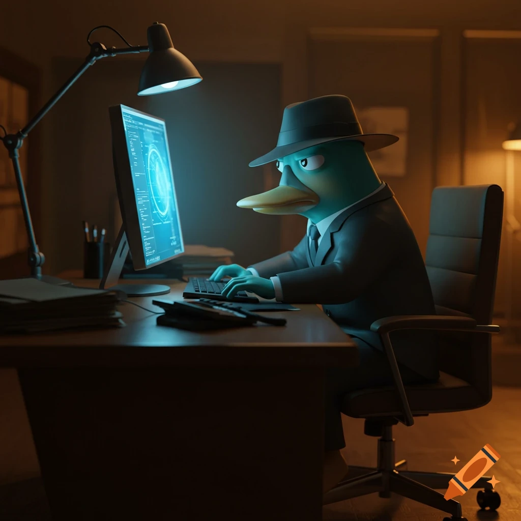 Perry the Platypus in a suit and fedora sits at a computer in a dimly lit office.