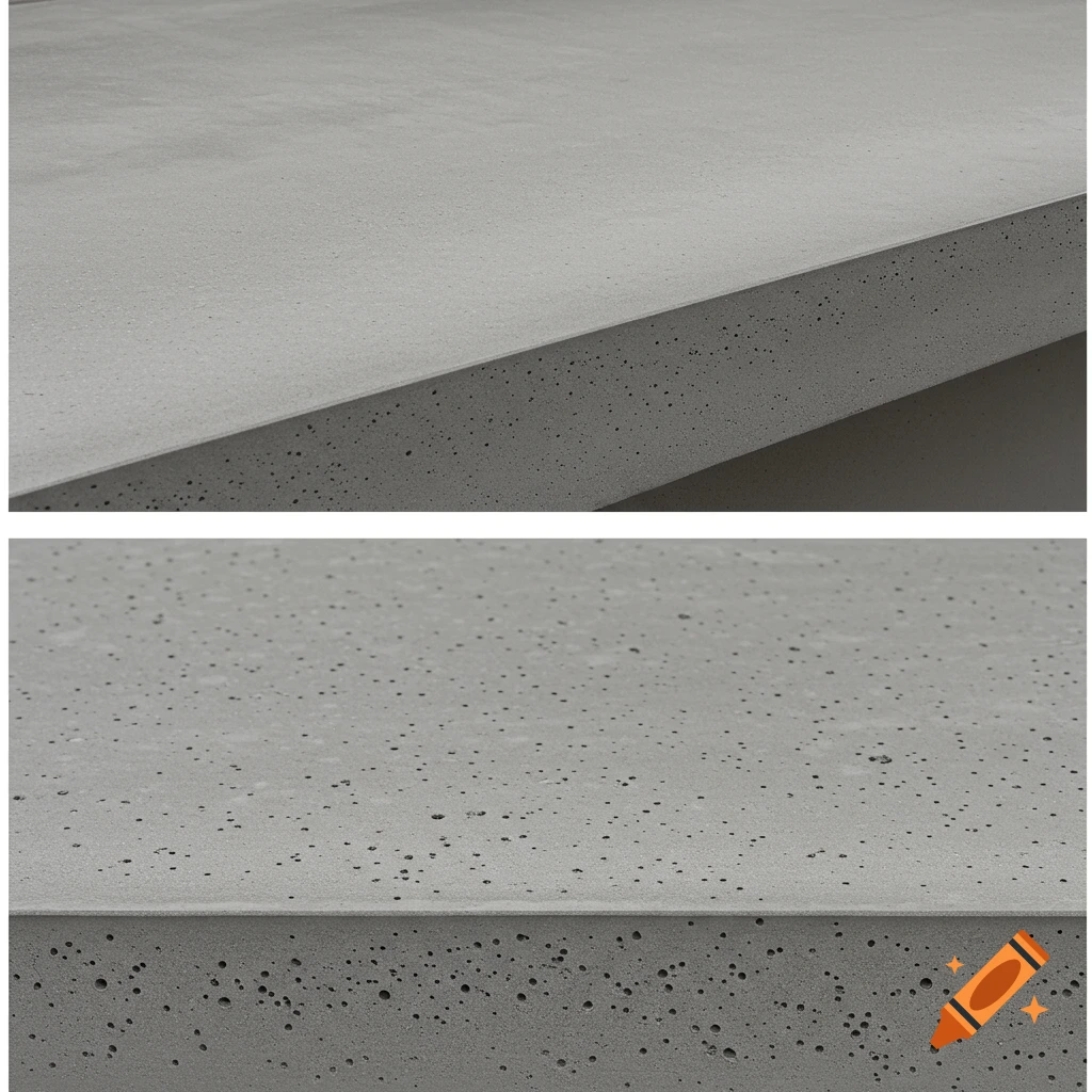 Two close-up views of a concrete surface, one smooth and one with pinholes.