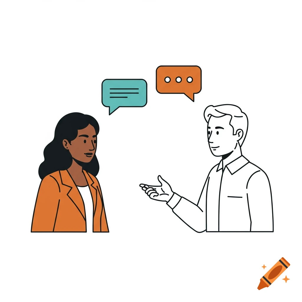 Simple illustration of two people talking with speech bubbles.