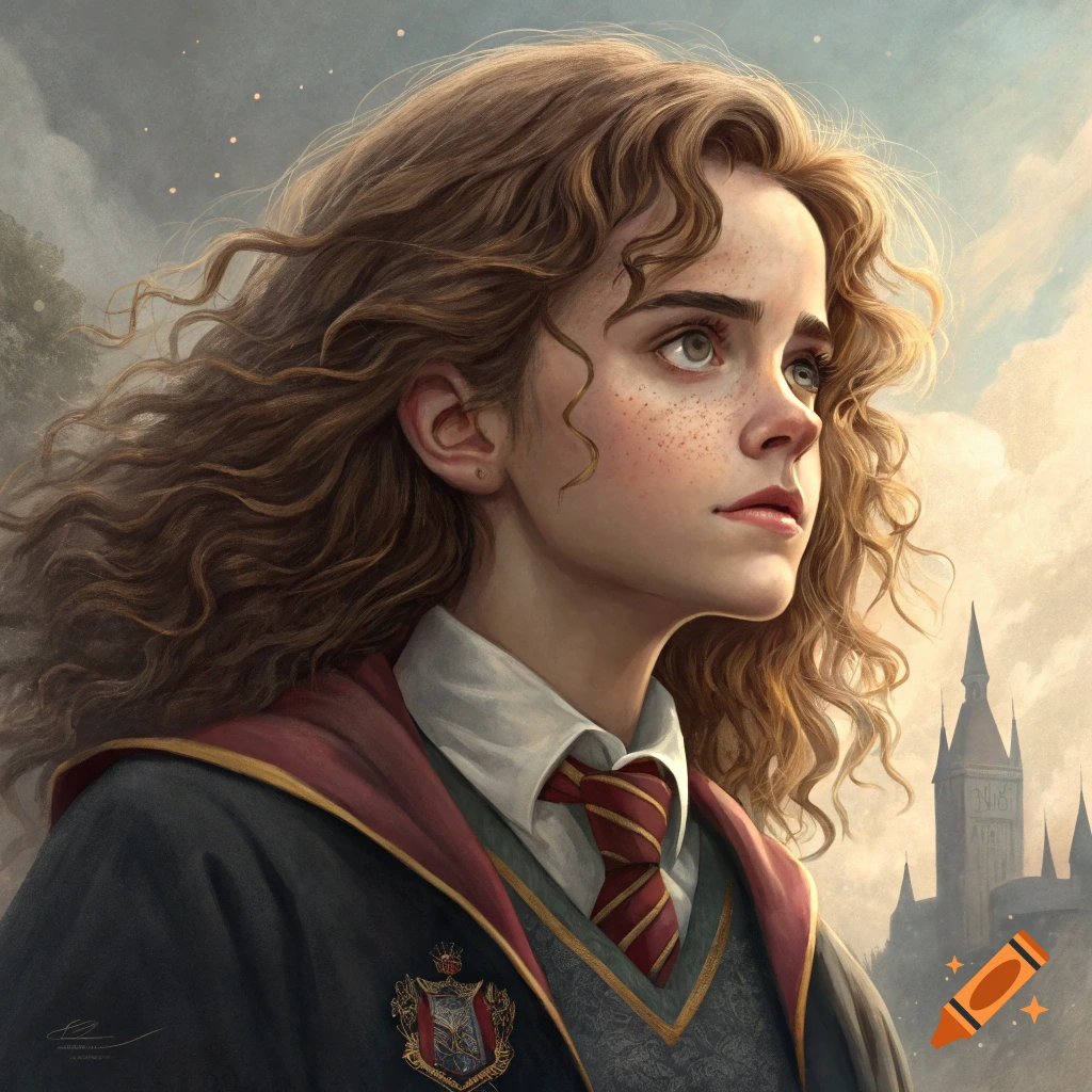 Portrait of Hermione Granger in a school uniform against a castle backdrop.