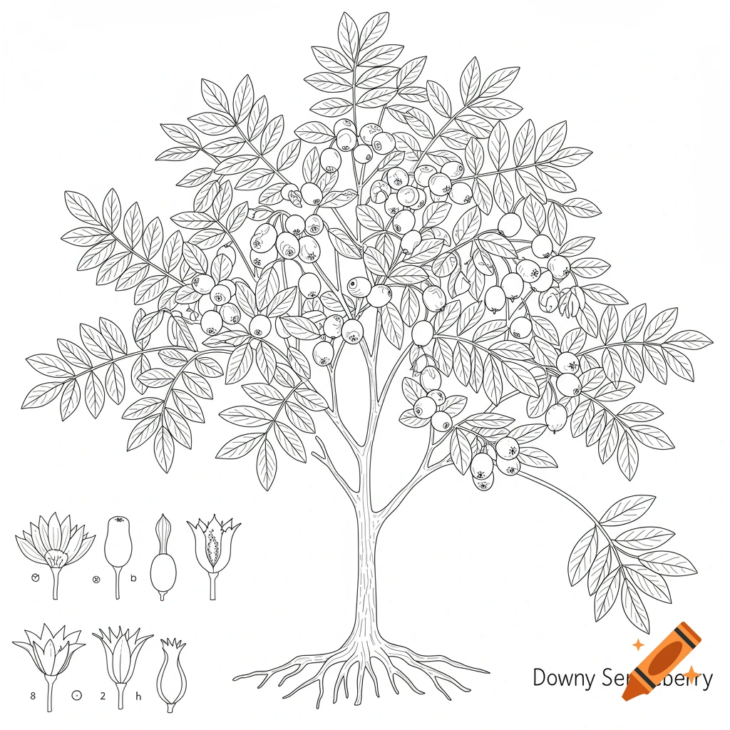 Line art illustration of a Downy Serviceberry tree with botanical diagrams, in coloring book style.