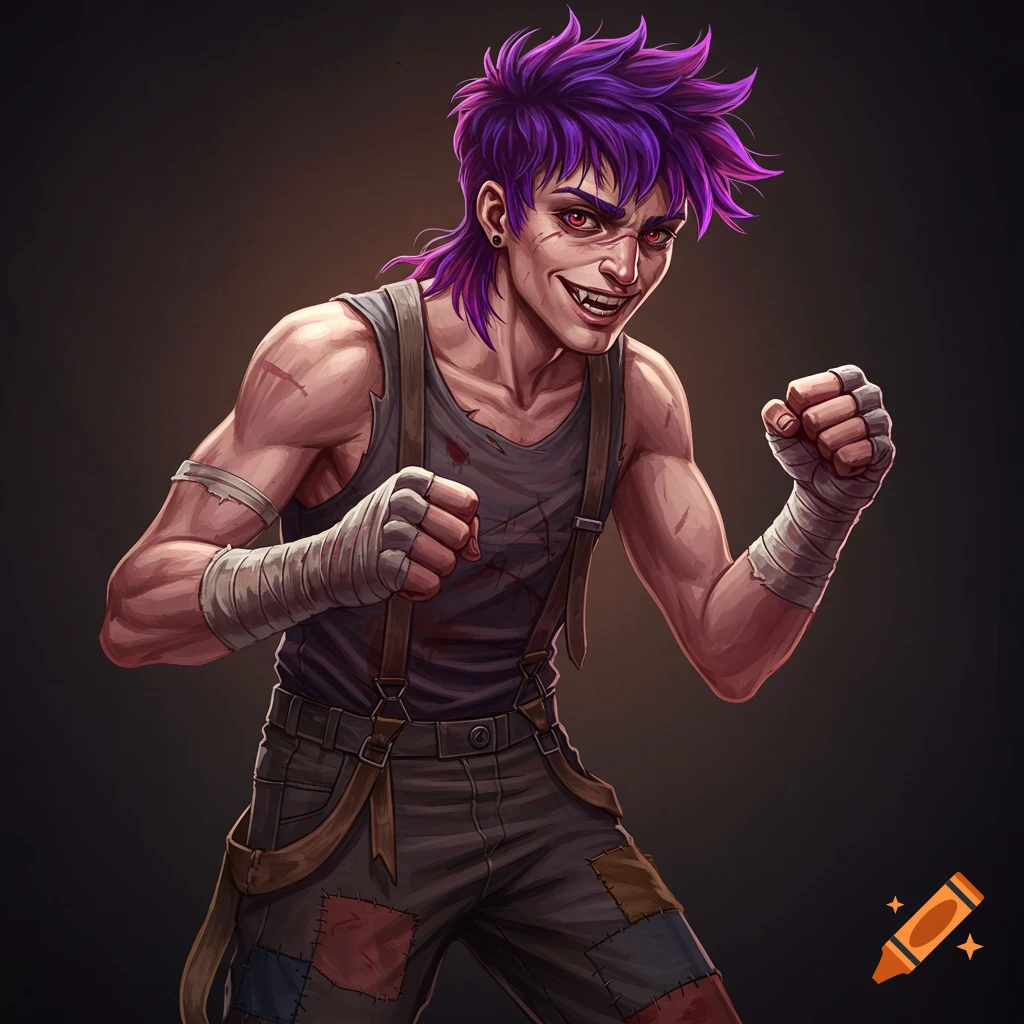 A young man with purple hair, scars, and bandaged hands in a fighter pose.