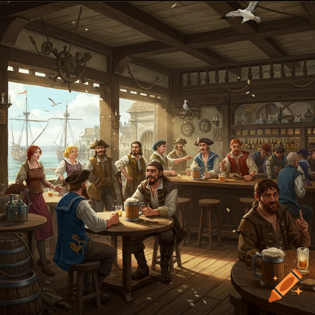 A group of pirates and sailors drink in a bustling tavern by the sea with ships outside.